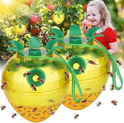 Solar Power Wasp Traps Outdoor Hanging, Yellow Jacket Trap with LED Light for Trapping Hornet, Non-Toxic Reusable Wasp Catcher for Outdoors Trapping Hornet, 2 Pack-Yellow