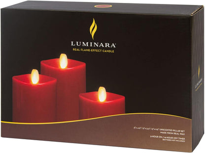 Luminara Realistic Flameless LED Set of 3 Ivory Pillar Candles, Home Safe Moving Flame Melted Top Illumination, Battery Operated Remote Control w/Timer
