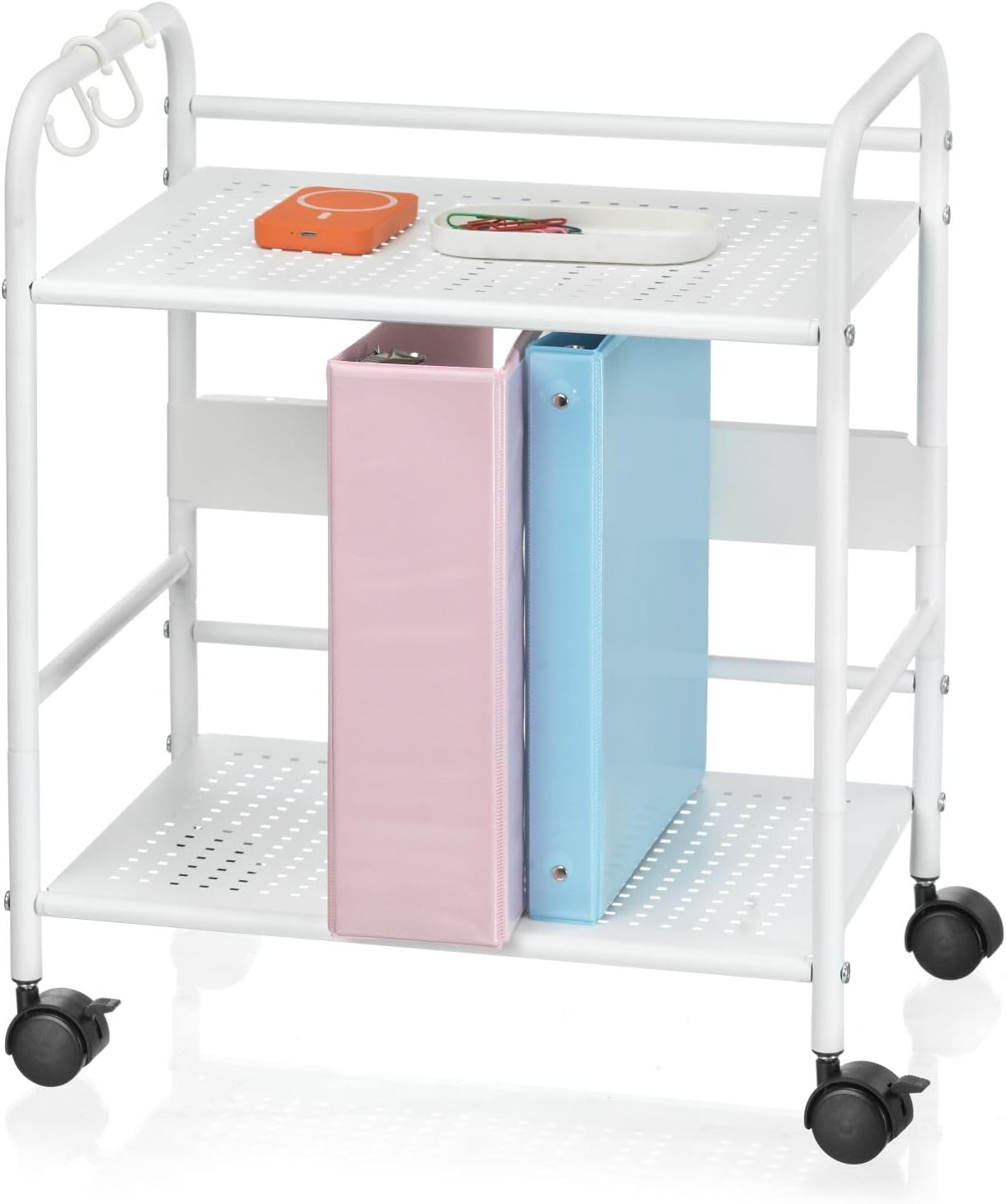 2-Tier Metal Rolling Cart, Compact Under Desk Storage Organizer | 12.2" clearance fits binders & tall bottles; anti-drop safety guard; small space mobile shelf for home, bedroom & office.
