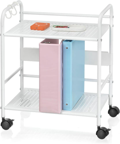2-Tier Metal Rolling Cart, Compact Under Desk Storage Organizer | 12.2" clearance fits binders & tall bottles; anti-drop safety guard; small space mobile shelf for home, bedroom & office.