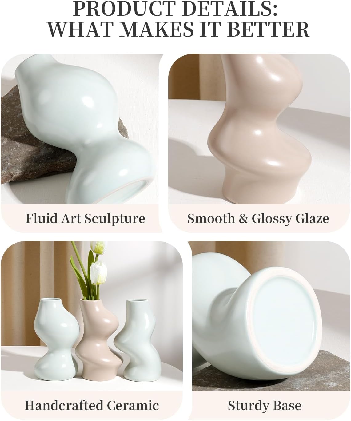 BosilunLife Decorative Vase Set of 3, Nested Curved Recycled Ceramic, Speckled Wabi-Sabi Home Decor, Modern Boho Centerpiece for Living Room Mantel & Office (Black & Grey)
