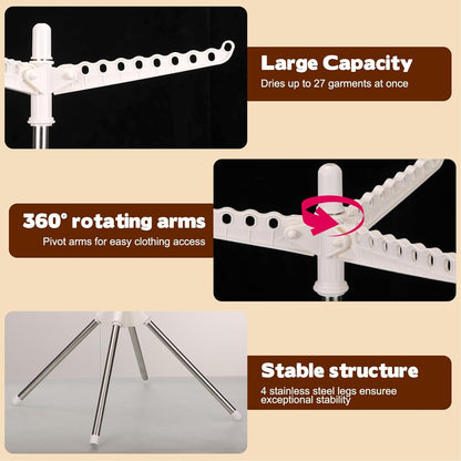 2-Layer Rotatable & Foldable Clothes Drying Rack 75" Stainless Steel Laundry Drying Tree with 6 Rotatable Arms, 4-Leg Free-Standing Hanger Stand for Indoor, Balcony, and Laundry Room