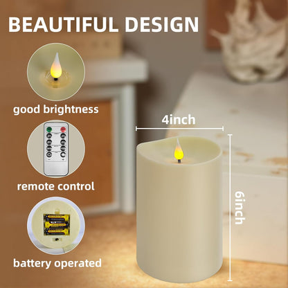 Set of 2 Flameless LED Candles with 2 Remotes, 4x6 Inch Battery Powered Plastic Pillar Candles, Flickering Flame with Timer & Dimming, Ivory – Elegant, Safe Lighting for Home, Wedding, Holiday