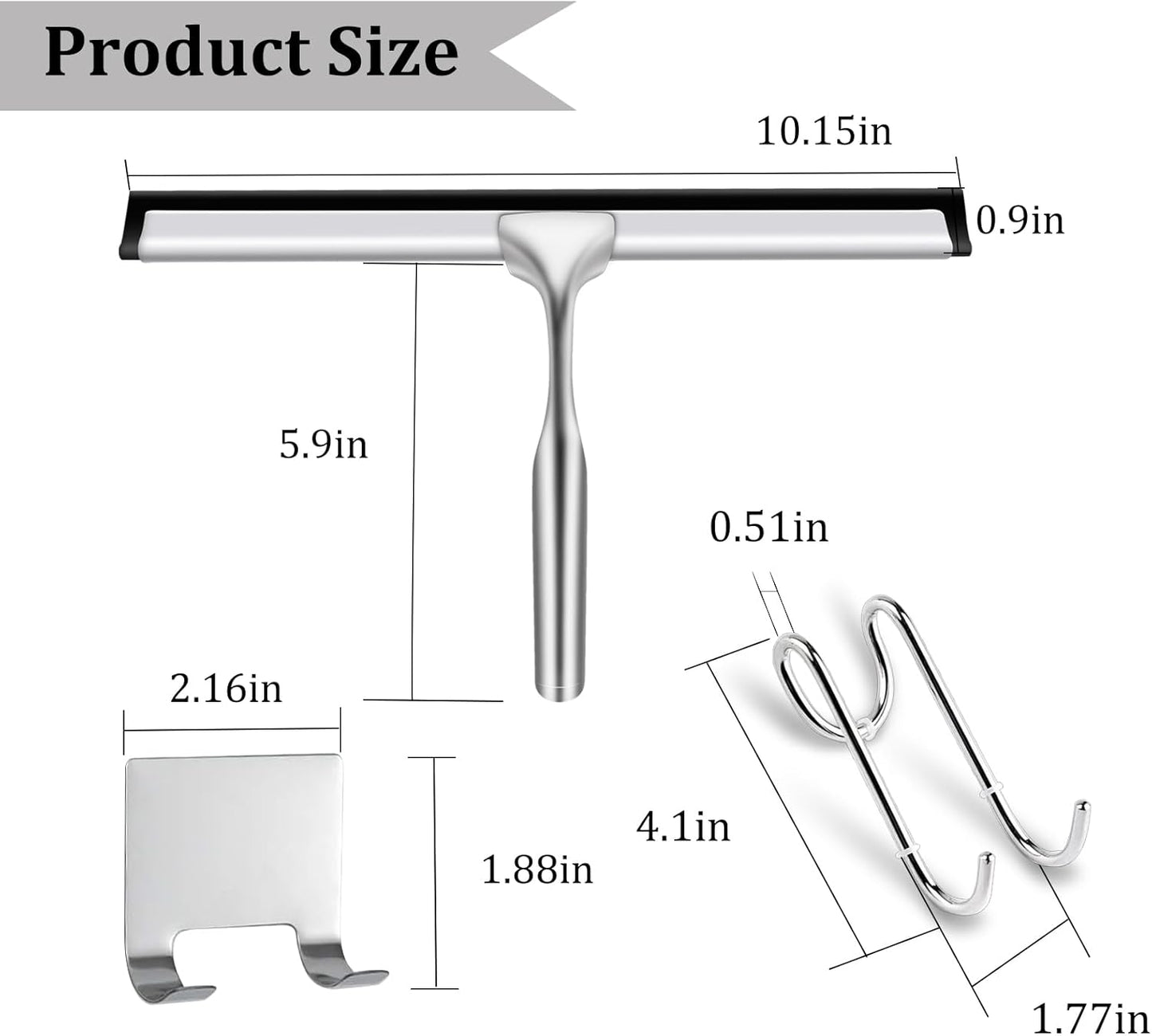 10" Stainless Steel Shower Squeegee for Shower Glass with Adhesive Hook for Cleaning Bathroom Glass Doors Car Window Mirrors and Tile Wall (Matte Black + Hook)