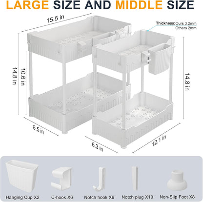 Sevenblue 2 Pack Under Sink Organizer, Under Bathroom Cabinet Organizer with Hooks Hanging Cup, Multi-Purpose Storage Shelf for Kitchen Bathroom, Black