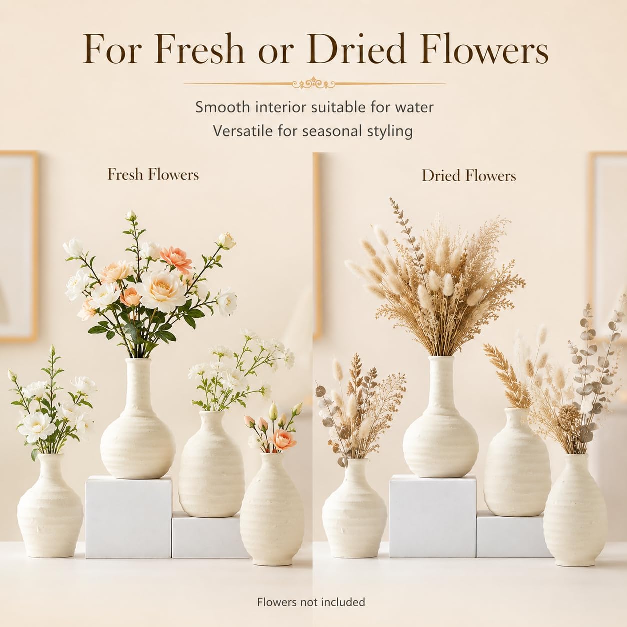 White Textured Ceramic Vases Set of 4, Small Rustic Pottery Vases for Dried Flowers, Minimalist Farmhouse Decorative Bud Vases for Table Shelf Living Room Home Decor
