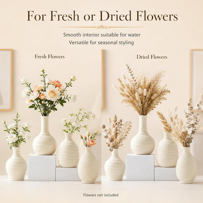 White Textured Ceramic Vases Set of 4, Small Rustic Pottery Vases for Dried Flowers, Minimalist Farmhouse Decorative Bud Vases for Table Shelf Living Room Home Decor