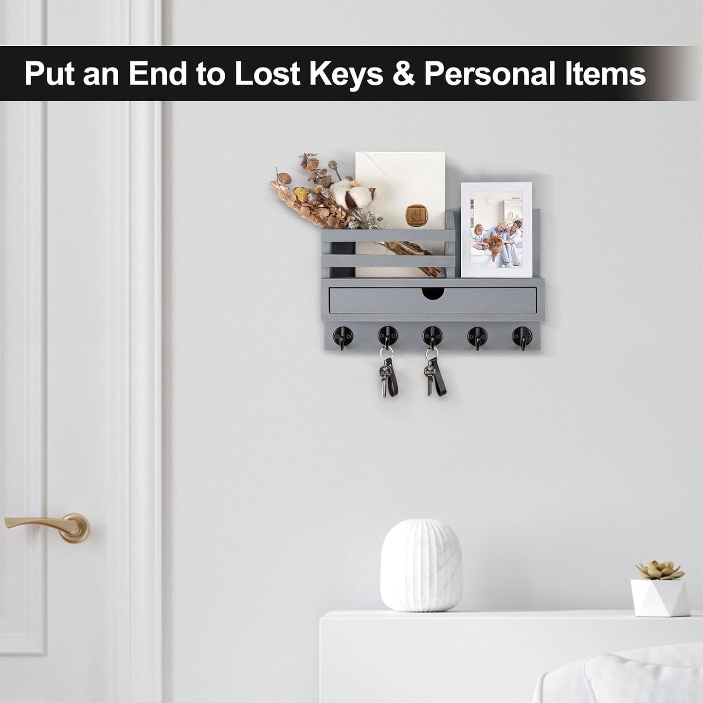 Key Holder Wall Mount, Mail Holder with Storage Drawer and 5 Key Hooks for Coat, Dog Leash, Home Decor Rack, House Accessories, Entry Way Organizer