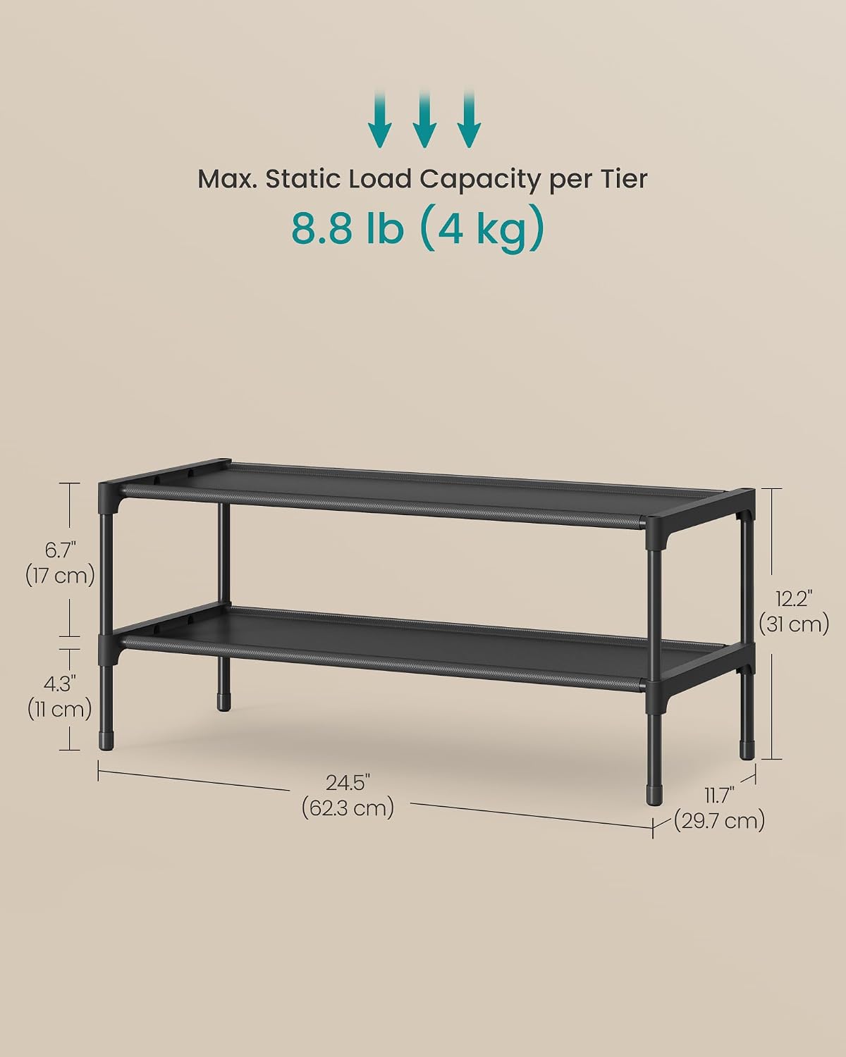 SONGMICS Shoe Rack, 2-Tier Shoe Storage Organizer, Space-Saving, 11.7 x 16.5 x 12.2 Inches, Entryway, Metal Frame, Non-Woven Fabric Shelves, Ink Black ULSH012BH01