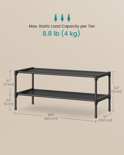 SONGMICS Shoe Rack, 2-Tier Shoe Storage Organizer, Space-Saving, 11.7 x 16.5 x 12.2 Inches, Entryway, Metal Frame, Non-Woven Fabric Shelves, Ink Black ULSH012BH01
