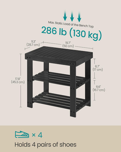 SONGMICS Shoe Rack Bench, 3-Tier Bamboo Shoe Storage Organizer, Entryway Bench, Holds Up to 286 lb, 11.3 x 27.6 x 17.8 Inches, for Entryway Bathroom Bedroom, Ink Black ULBS04H