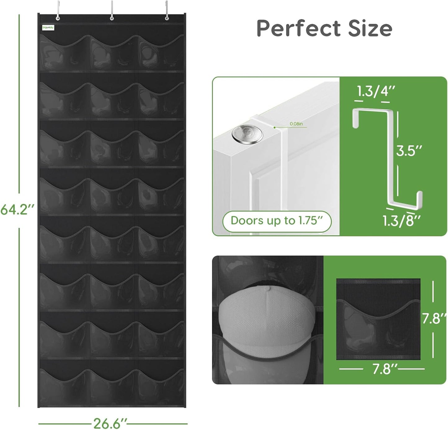 Baseball Hat Rack, 24 Pocket Over-The-Door Hat Organizer with Clear Deep Pockets to Display Baseball Caps Collection, Complete with 3 Over Door Hooks (Black, 24 Pockets)