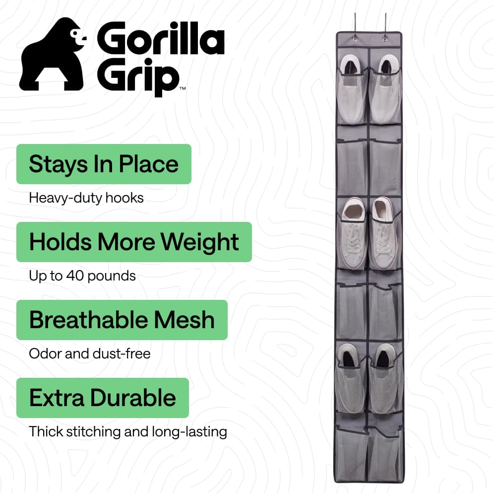 GORILLA GRIP Over the Door Shoe Organizer, 24 Large Breathable Mesh Pockets, Space Saving Hanging Storage Holder, Closet Rack Hanger Holds Up to 40 lbs, Hangs on Closets for Shoes, Accessories, Grey