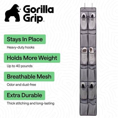 GORILLA GRIP Over the Door Shoe Organizer, 24 Large Breathable Mesh Pockets, Space Saving Hanging Storage Holder, Closet Rack Hanger Holds Up to 40 lbs, Hangs on Closets for Shoes, Accessories, Grey