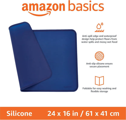Amazon Basics Waterproof Non-Slip Silicone Pet Feeding Mat with Raised Edges for Food and Water Bowls, Easy to Clean Pet Placemat to Protect Floors, 18.5" x 11.5", Black