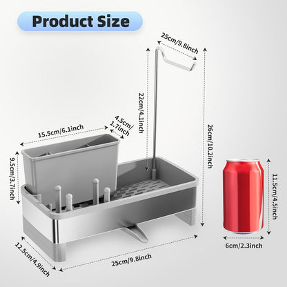 Ewaiira Stainless Steel Sink Caddy, Sponge Holder for Kitchen Sink with Brush Holder and Towel Rack, Sink Organizer for Countertop, Soap Dispenser Kitchen Organizers Storage Essentials (A-Black)