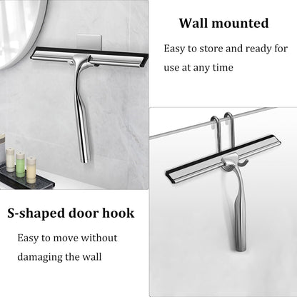 10" Stainless Steel Shower Squeegee for Shower Glass with Adhesive Hook for Cleaning Bathroom Glass Doors Car Window Mirrors and Tile Wall (Matte Black + Hook)