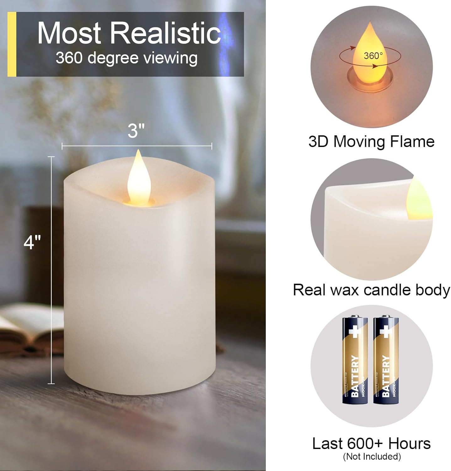 3x3 Flameless Candles with Remote Set of 2, 3 inch Battery Candles Flickering with Timer, LED Pillar Candle for Indoor/Outdoor, White