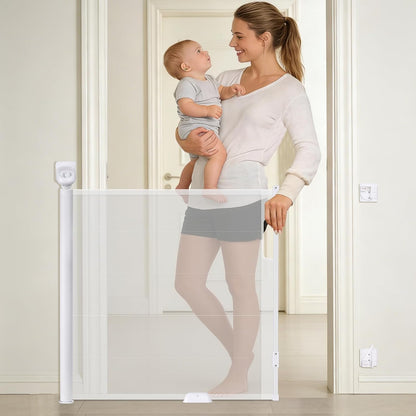 Retractable Baby Safety Gate, 33.8" Tall Extends to 55" Wide, Dual Lock, Adjustable Mounting, Extendable Pet Gate for Hallways, Stairs, Indoor & Outdoor（White）