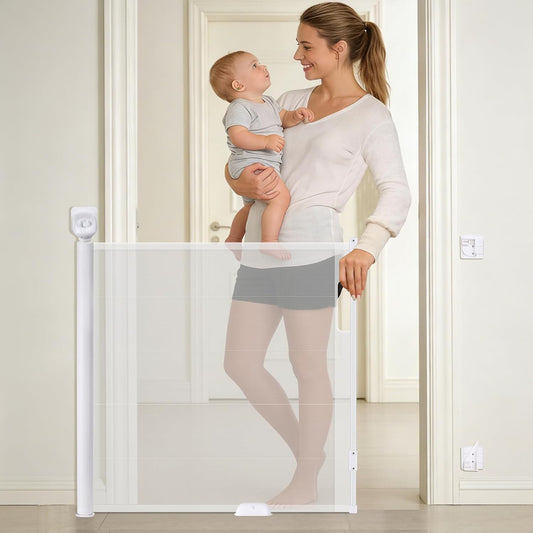 Retractable Baby Safety Gate, 33.8" Tall Extends to 55" Wide, Dual Lock, Adjustable Mounting, Extendable Pet Gate for Hallways, Stairs, Indoor & Outdoor（White）