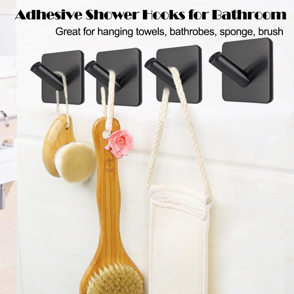 Fotosnow Matte Black Adhesive Wall Hooks, 15lbs Locking Curve Anti Slip Stainless Steel No Drill Stick On Hooks for Bathroom Shower Towel Coat Kitchen