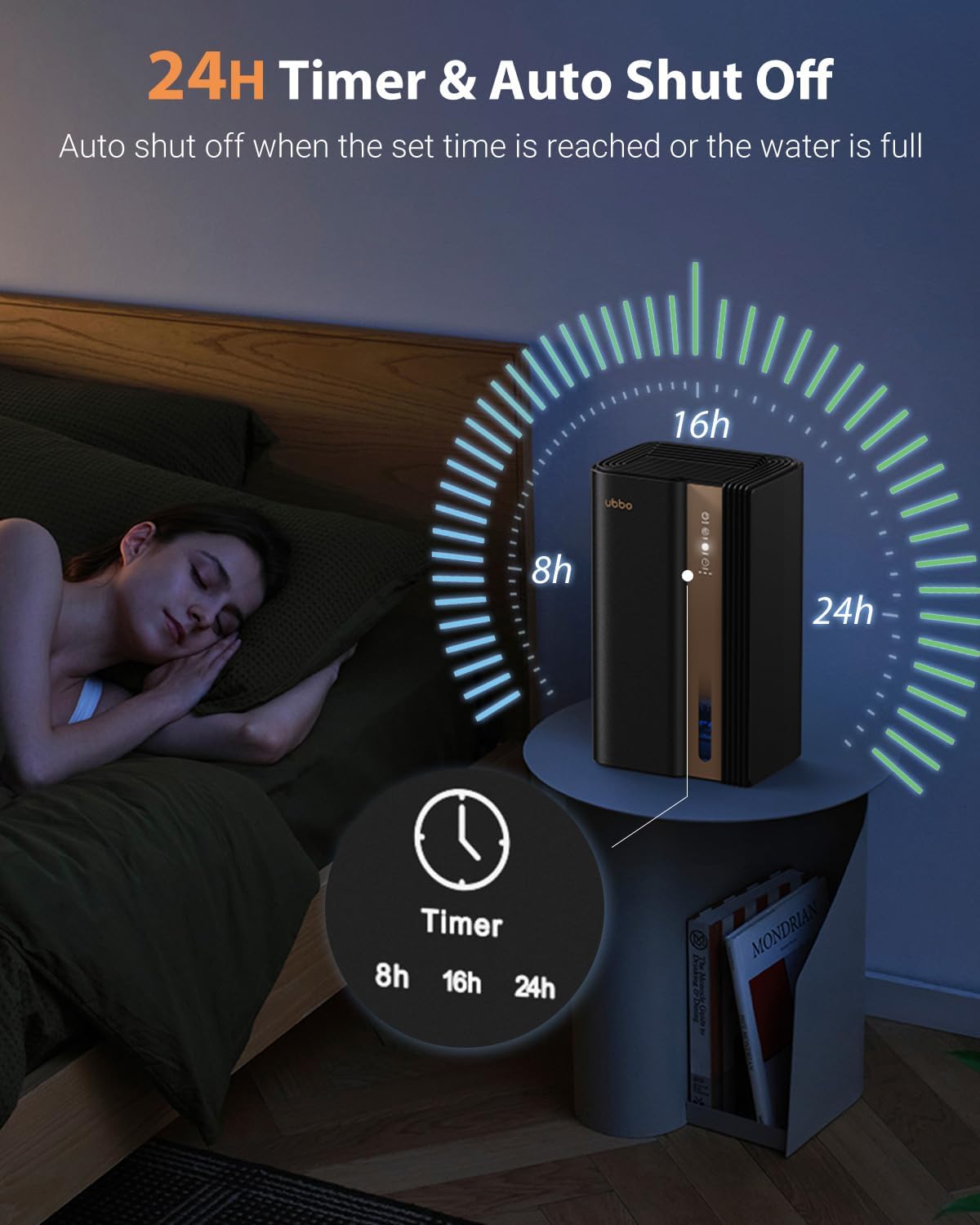 UBBO 95oz Dehumidifiers for Home, 1000 Sq.Ft Dehumidifier with Drain Hose - Auto Shut Off, Timer, Sleep Mode & Drain Hose - 7 Color Light for Bedroom, Bathroom, RV - Black Gold