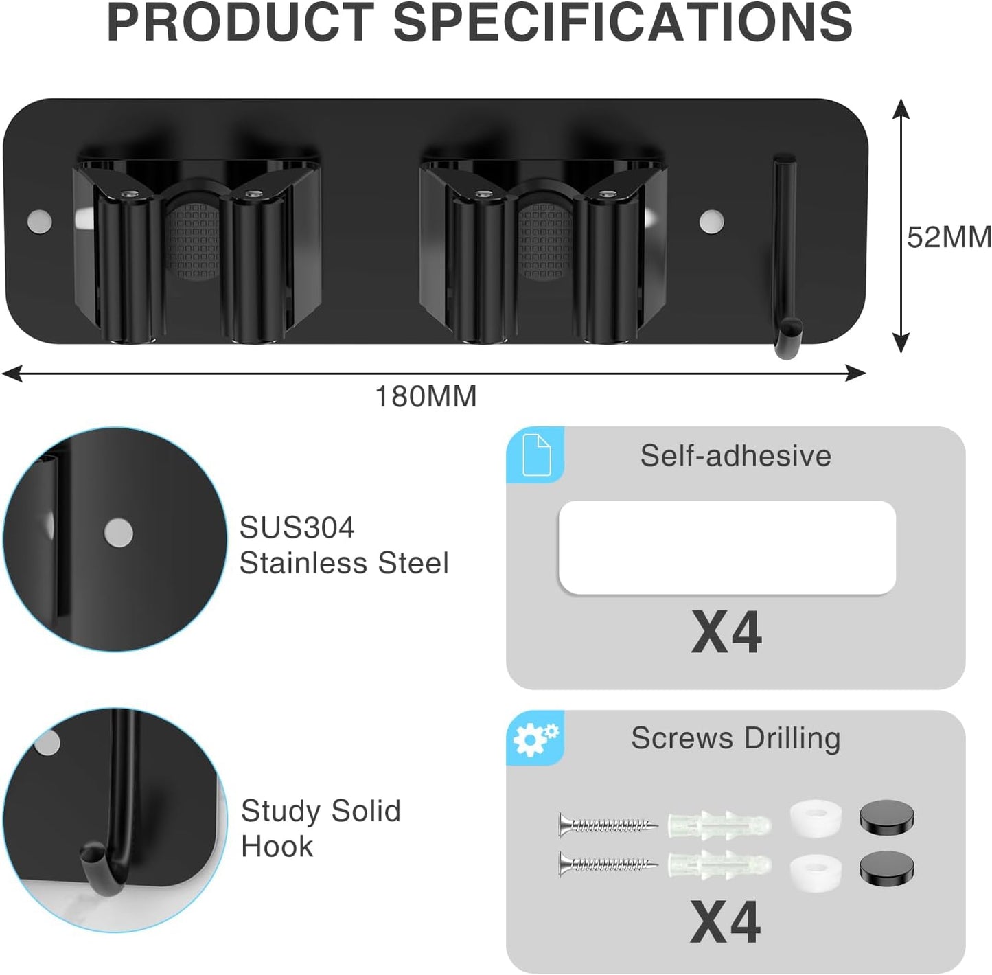 homeasy Wall Mount Mop and Broom Holder, Heavy Duty Stainless Steel Organizer Rack with Hooks | 2-Pack, 2-in-1 No Drill & Screw Installation, Black