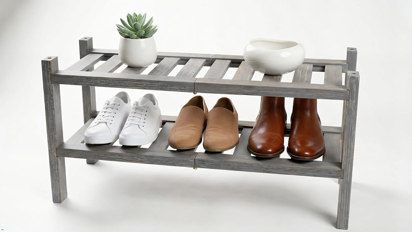 2-Tier Acacia Wood Stackable Shoe Rack - Brush Teak