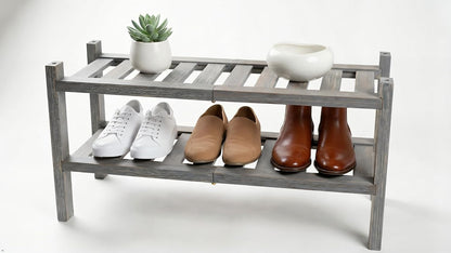 2-Tier Acacia Wood Stackable Shoe Rack - Brush Teak