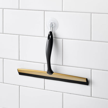 iDesign Zia Metal and Plastic Bathroom Squeegee for Shower, Glass Doors, Floors, Mirrors, with Suction Hook Holder , 12 Inches, Clear and Stainless Steel