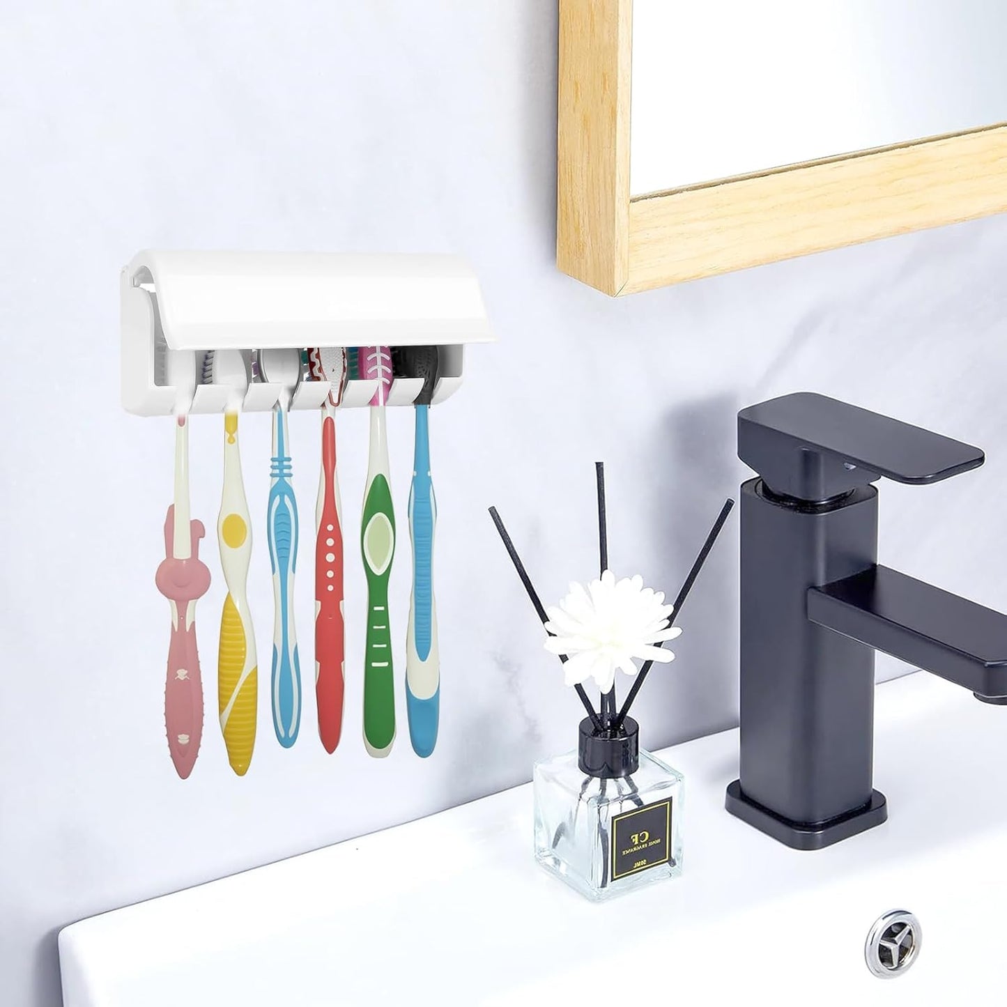 6 Slots Toothbrush Holder Wall Mount with Cover, Self Adhesive Toothbrushes Storage Organizer Perfect for Dorm Bathrooms and Shower, Holds 6 Toothbrushes. White