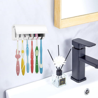 6 Slots Toothbrush Holder Wall Mount with Cover, Self Adhesive Toothbrushes Storage Organizer Perfect for Dorm Bathrooms and Shower, Holds 6 Toothbrushes. White