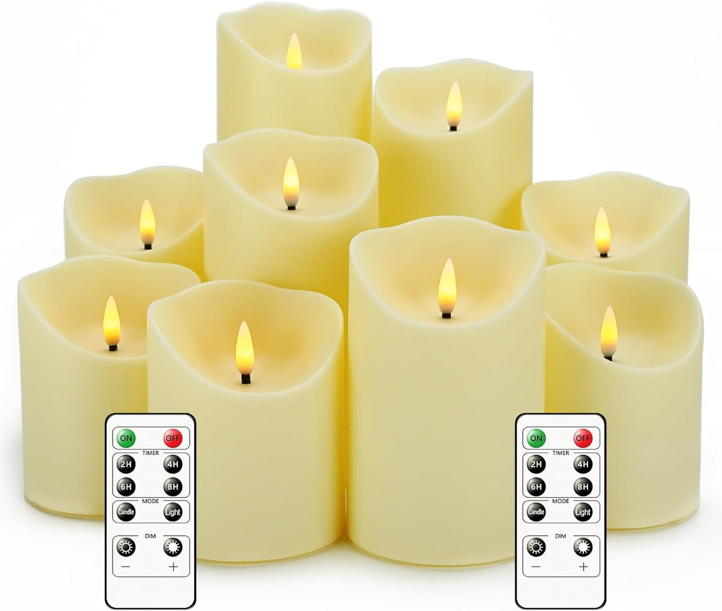 Nimiko Flameless Candles with Remote, Battery Operated Flickering Flameless Candles, LED Candles with Timer 2/4/6/8H, with Realistic LED Candles Set of 9 (D3 x H 3" 4" 5" 6" 7") (White)
