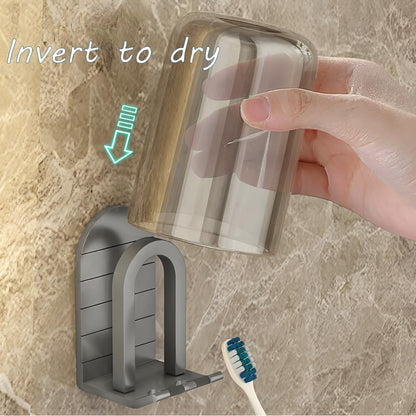 Wall Mounted Toothbrush Holder Set - Self Adhesive Bathroom Toothbrush Holder & Cup Set for Small Bathroom, Apartments or RVs, Includes 2 Cups and 2 Aluminum Toothbrush Holders (Black)