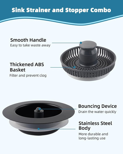 All Metal Sink Drain Strainer for Kitchen Sink, Universal Fit | Pop Up 3-in-1 Sink Stopper Drainer, 304 Stainless Steel Basket for US Standard 3-1/2 inch Drain Filter, Anti-clog