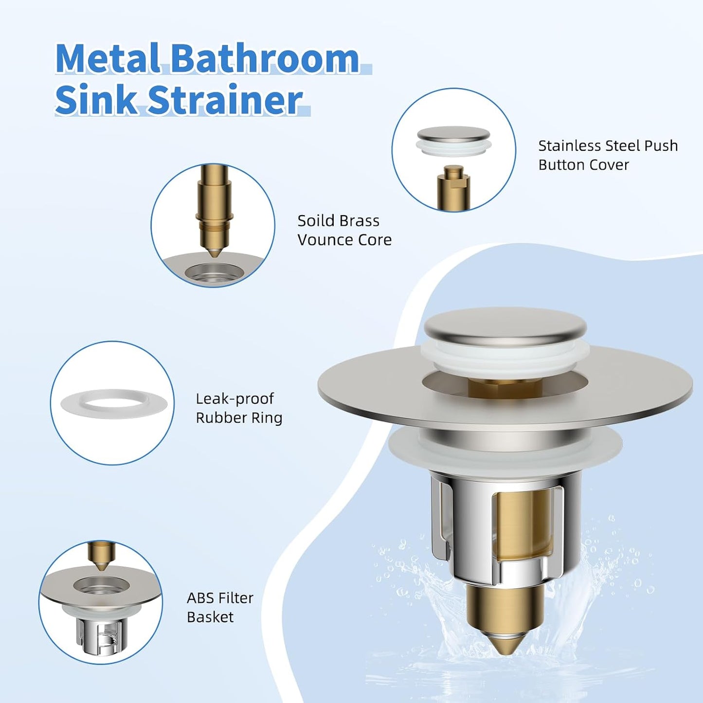 iFealClear Metal Universal Bathroom Sink Stopper, Upgraded Stainless Steel Sink Drain Strainer for 1.1''~2.36" Basin Pop Up Drain Strainer, Anti-Clogging Filter Basket, Brushed Nickel