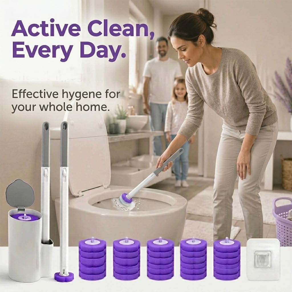 2-Pack Disposable Toilet Bowl Cleaner Wand and Holder with 48 Refills, Wall Mounted Toilet Brush Disposable System, Long Handle Toilet Cleaner Kit with Silicone Hooks & Gloves for Bathroom Cleaning