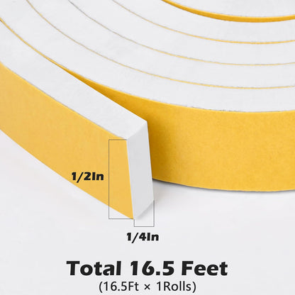 ToLanbbt White Door Window Weather Stripping Self Adhesive Foam Tape High Density Foam Sealing Strip Window Insulation Weatherproof Gasket Tape for Doors and Windows (1/2" W X 1/8" T X 16.5')