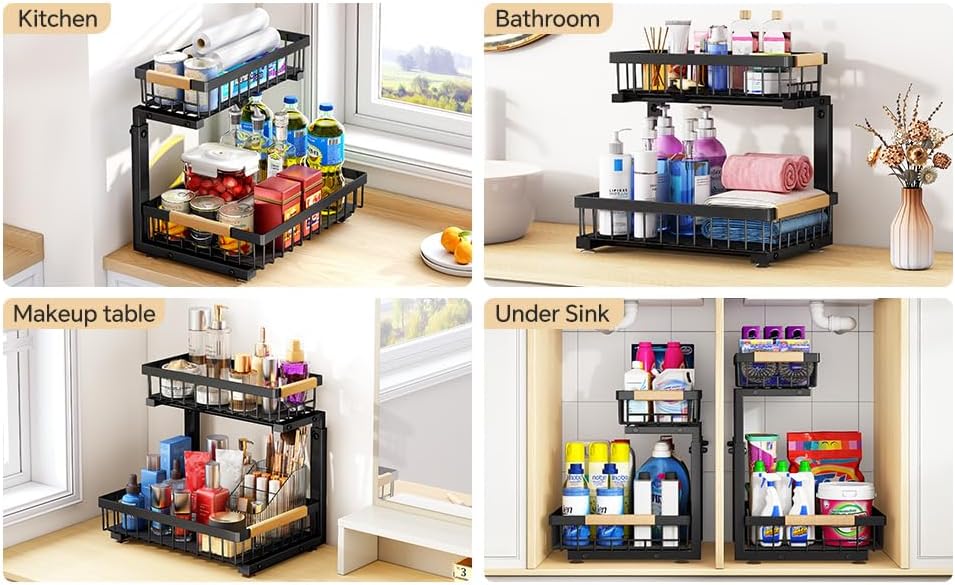 PXRACK Under Sink Organizer, Adjustable Height, 2 Tier Pull Out Under Cabinet Organizer, Slide Out Thickened Metal Under Sink Storage for Kitchen Bathroom Laundry Pantry Cabinet, White, Large-1-Pack