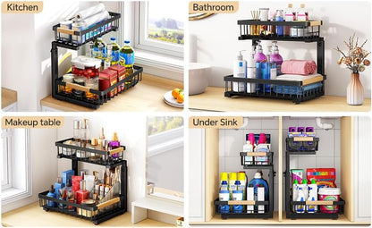 PXRACK Under Sink Organizer, Adjustable Height, 2 Tier Pull Out Under Cabinet Organizer, Slide Out Thickened Metal Under Sink Storage for Kitchen Bathroom Laundry Pantry Cabinet, White, Large-1-Pack