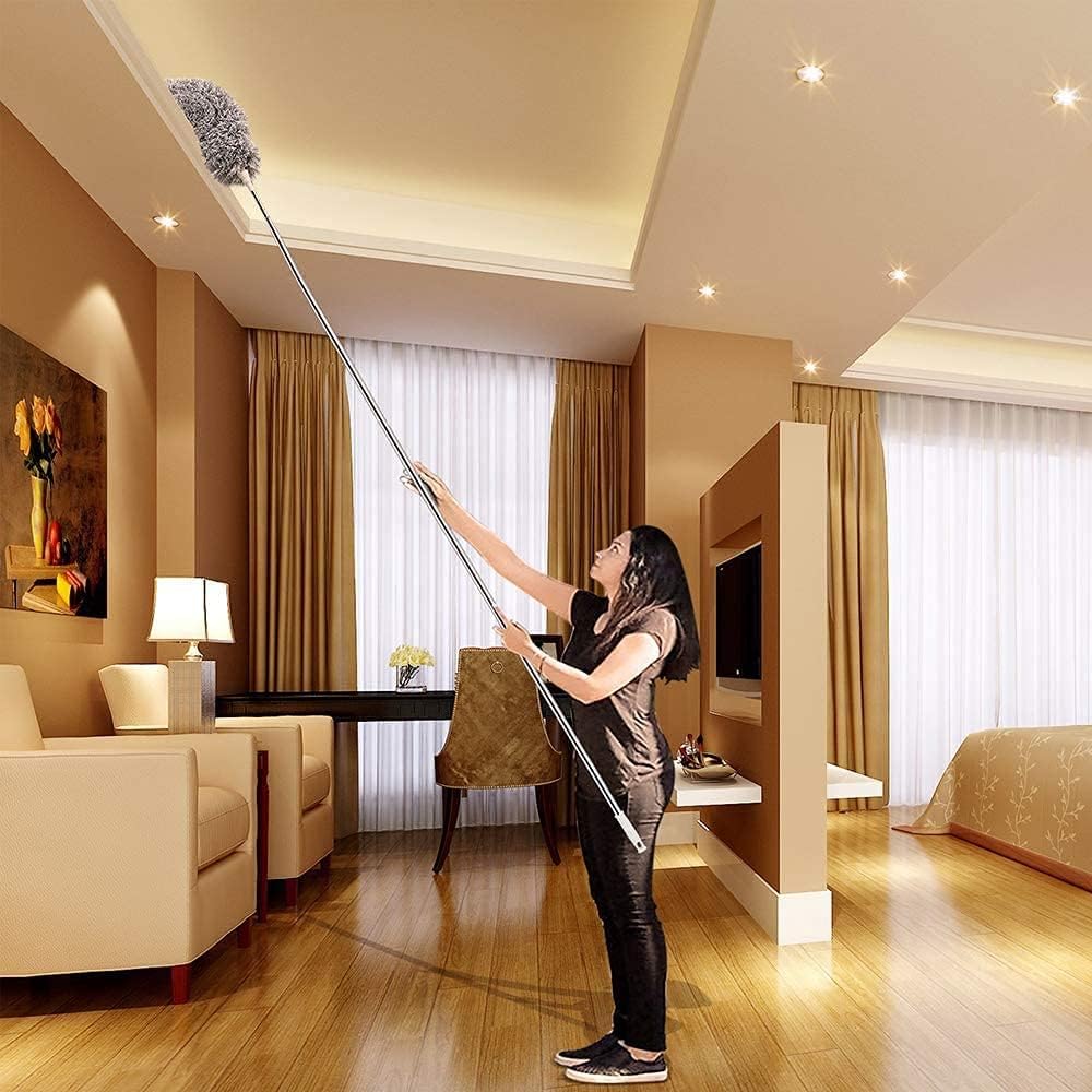 Microfiber Duster with Extension Pole(Stainless Steel) 30 to 100'', with Bendable Head, Extendable Long Duster for Cleaning Ceiling Fan, High Ceiling, Keyboard, Furniture Cars Gray