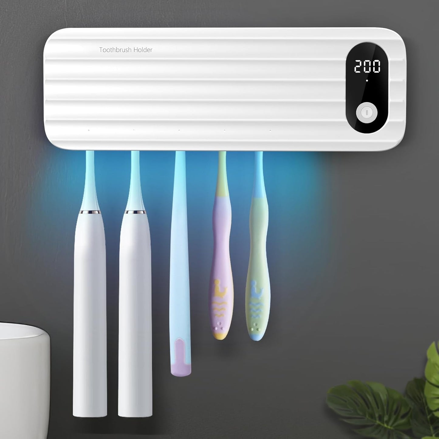 Auntyfey Sanitizeri Toothbrush Cleaner with 5 Slots, Smart Sanitizeri Toothbrush Holder Organizer, Cordless No Drilling Wall Mounted Rechargeable Holders for Bathroom Family, 200/400s Timer Function