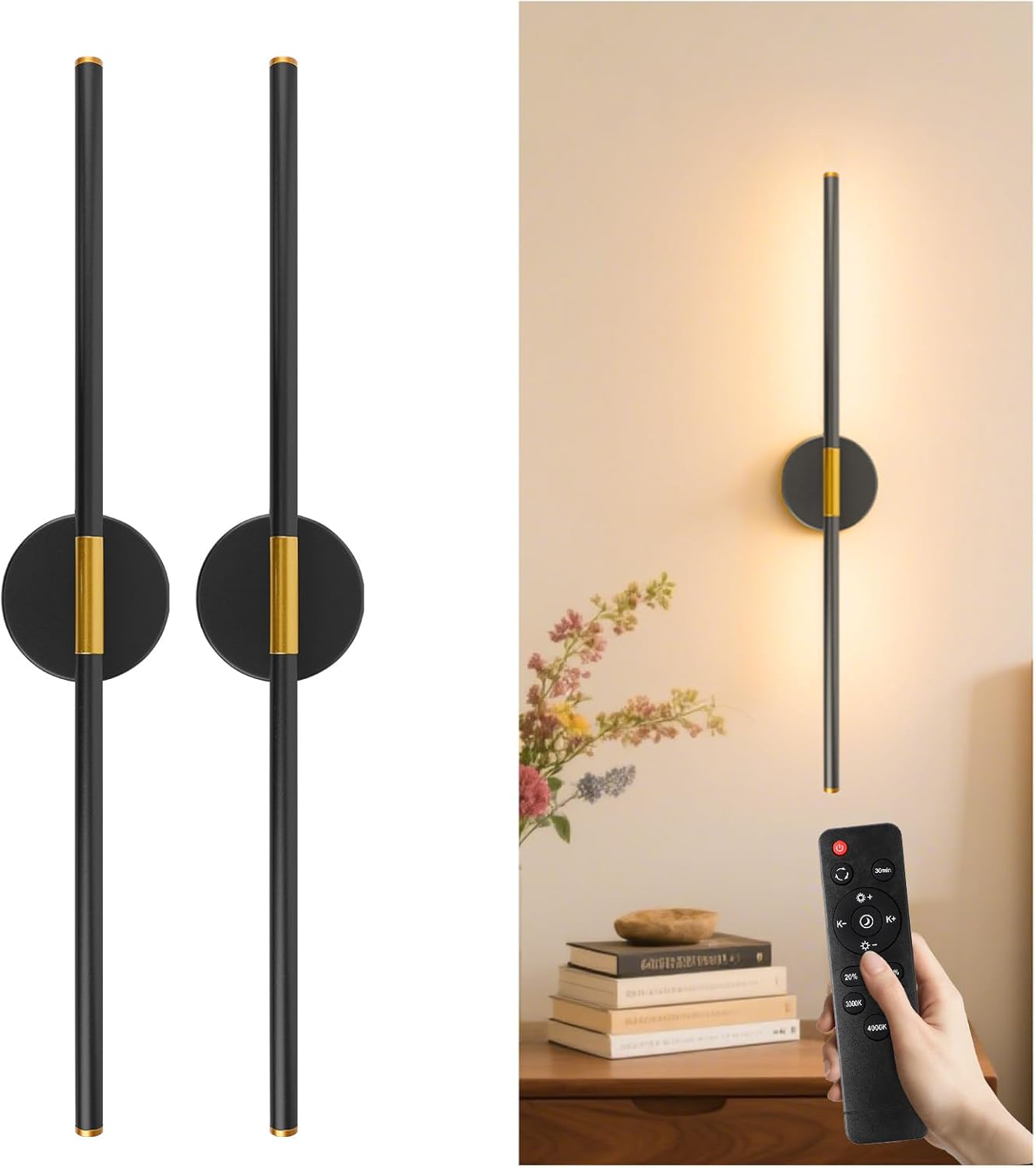 GvvooHome Battery Operated Wall Sconces Set of 2, Detachable 360°Rotate Wall Lamps, 3000-6500K Dimmable with Remote Control, 10000mAh Rechargeable Wall Light for Bedroom, Living Room, 28.3" Black Gold