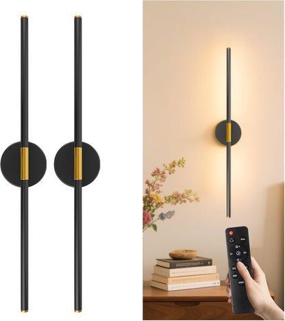 GvvooHome Battery Operated Wall Sconces Set of 2, Detachable 360°Rotate Wall Lamps, 3000-6500K Dimmable with Remote Control, 10000mAh Rechargeable Wall Light for Bedroom, Living Room, 28.3" Black Gold