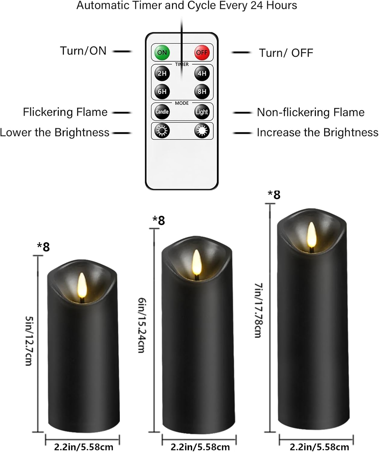 kakoya Flickering Flameless Candles Battery Operated with Remote and 2/4/6/8 H Timer Plexiglass Led Pillar Candles Pack of 9(D2.3 xH5.5 6.5" 7.5") with Realistic 3D Wick Candles for Home Decor(Ivory)