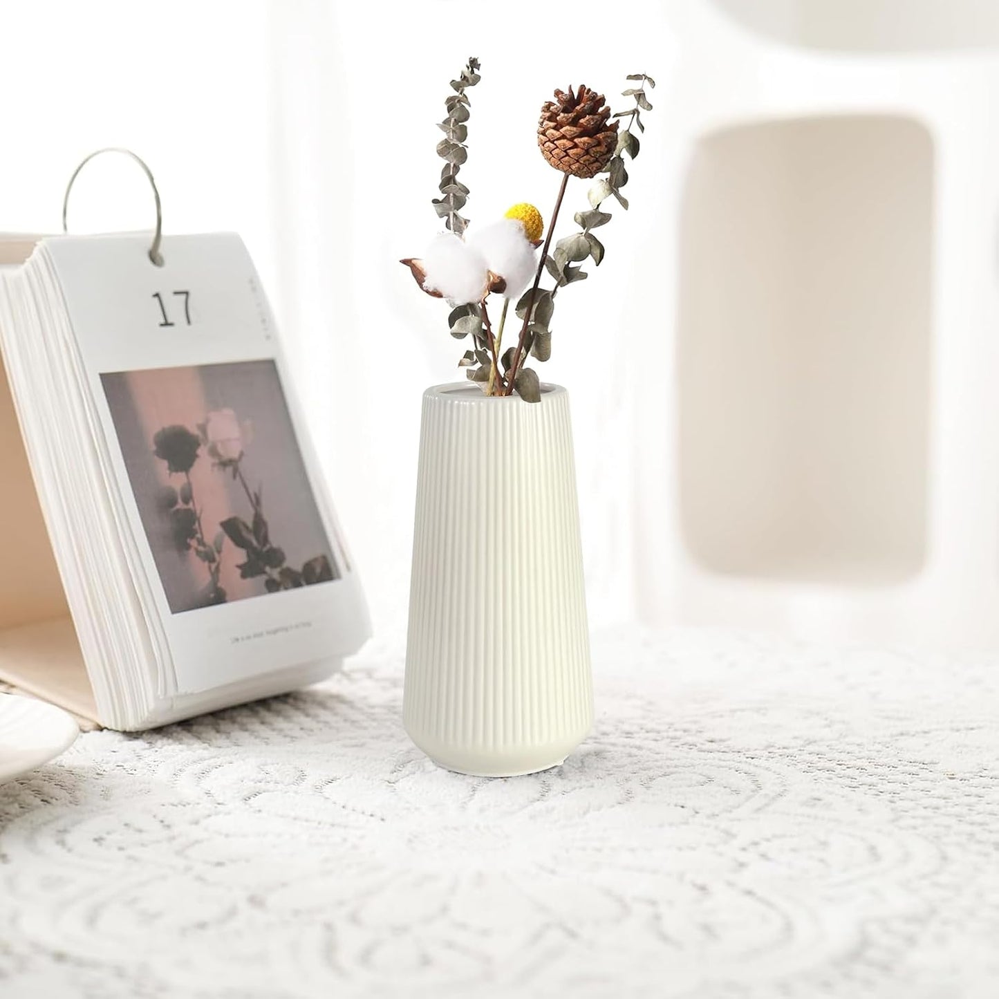 White Ceramic Vase, GUKJOB Small Cute Flower Vase for Pampas Grass, Home, Living Room, Dining Table, Farmhouse, Office Decor, Bedroom, Table, and Kitchen Shelf (White- 2PCS)