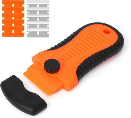 2 Pack Razor Blade Scraper Plastic Razor Blade Scraper Scraper Tool with Extra 10 Plastic Razor Blades and 10 Metal Blades for Adhesive Remover Removing Labels Stickers Taping on Glass Windows