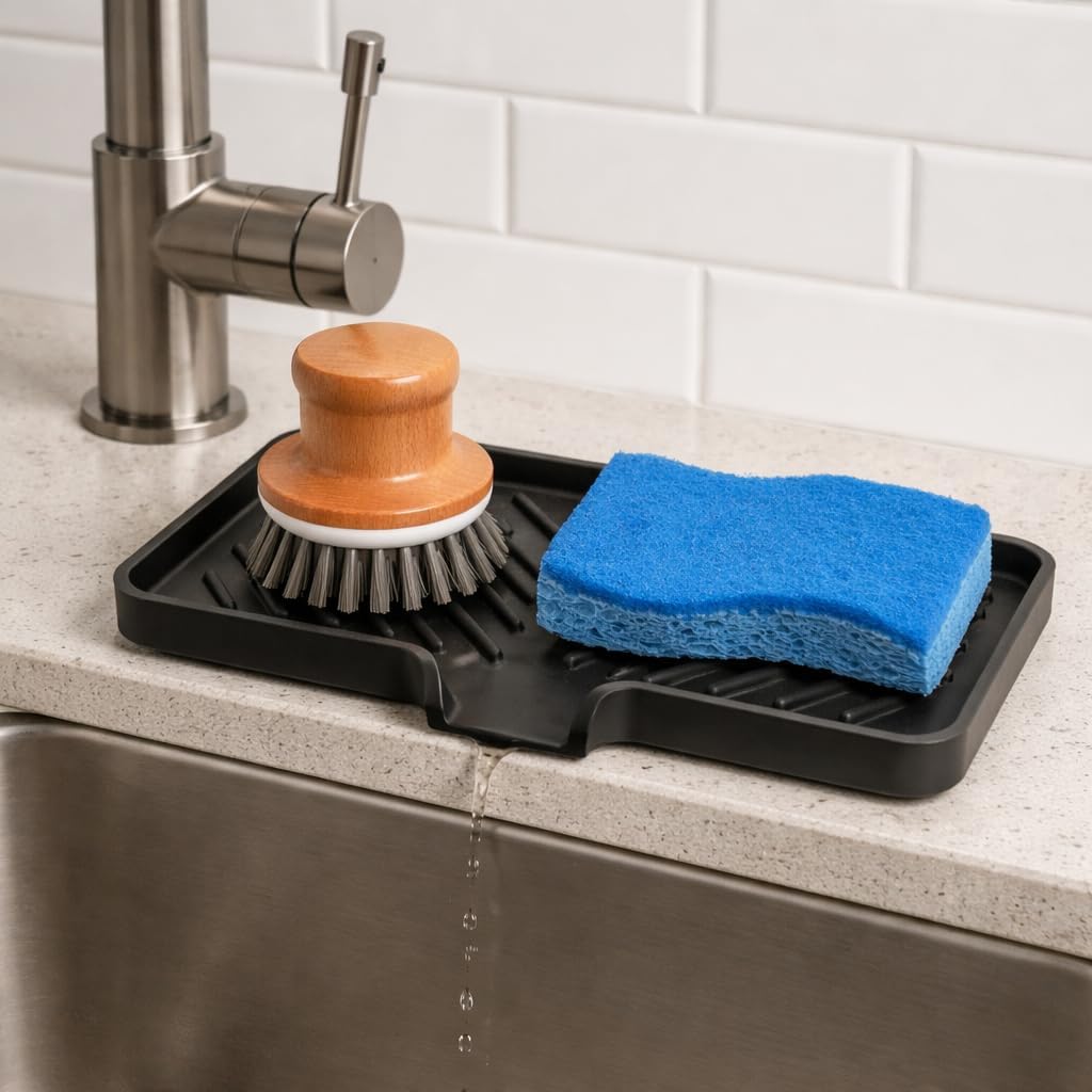 Silicone Soap Dish Tray and Sponge Holder with Drain Chute and Feet | 3-Way Sloped Design | Bathroom and Kitchen Sink Organizer Caddy (Black, 10"x4", 7.8 Ounces)