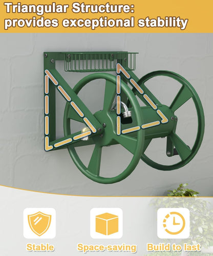 Artigarden Triangle Wall Mounted Garden Hose Reel, Outdoor Heavy-Duty Water Hoses Holder Winder, Holds 125 Ft of 5/8-Inch Hose, with 3.9 ft Leader Hose, Brass Fitting, Storage Basket for Yard, Black