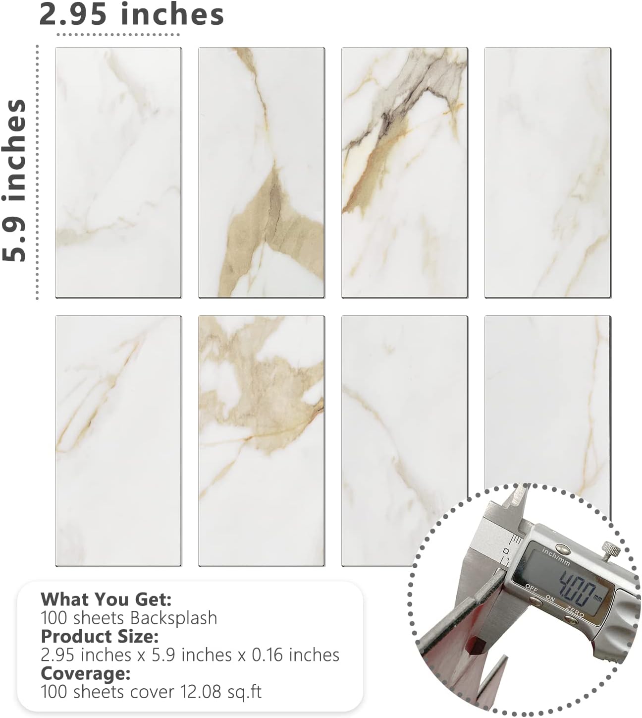 STICKGOO 100-Pieces Peel and Stick Backsplash, 3" x 6" PVC Wall Tile, Marble White Stick on Backsplash for Kitchen/Bathroom/Fireplace